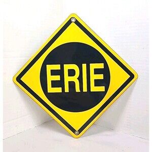 Vintage ERIE RAILROAD Porcelain Sign Train Station Gas Oil Freight Stop 8x8
